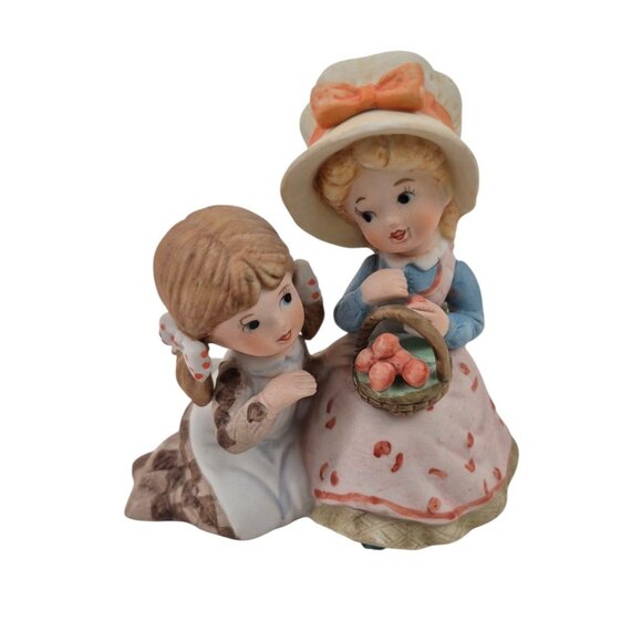 Vintage Ceramic Figurine Two Girls Basket Of Peaches Hand Painted Collectible - Picture 3 of 10